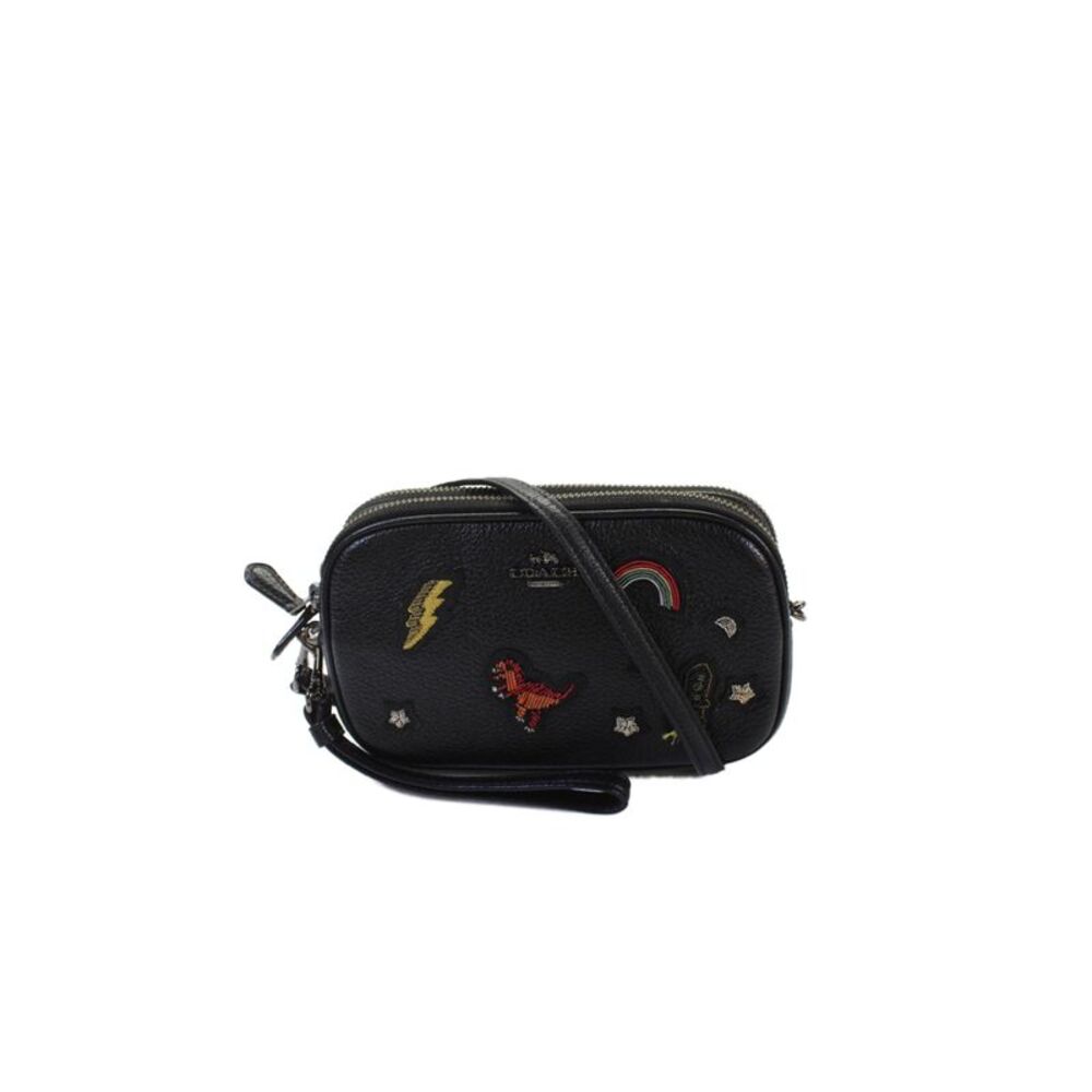 Coach Womens Leather Beaded Double Zip Small Crossbody Handbag Black